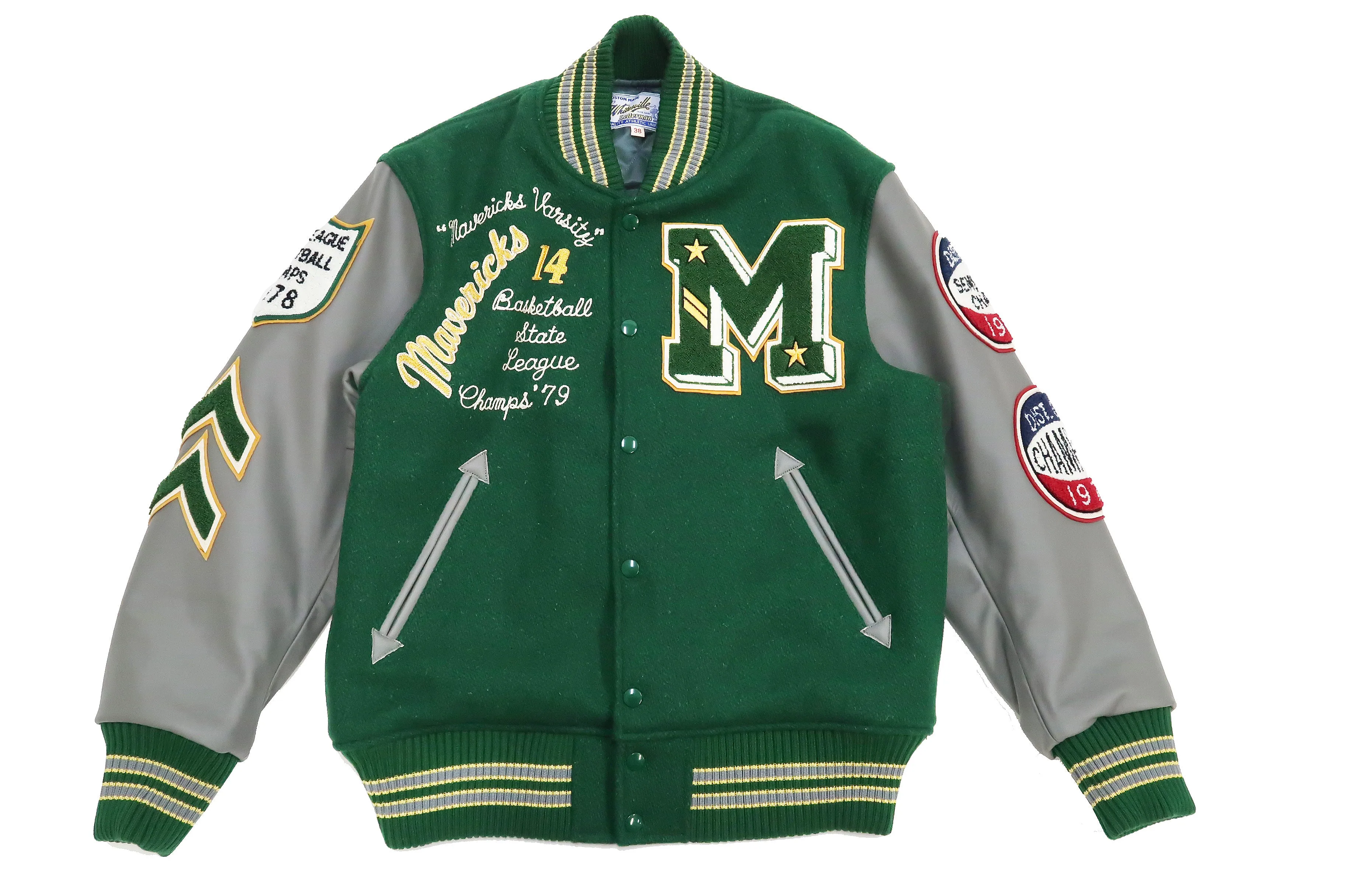 Whitesville Varsity Jacket Men's Letterman Jacket Melton x Leather Award Jacket WV15166 WV15166-145 Green x Gray MAVERICKS