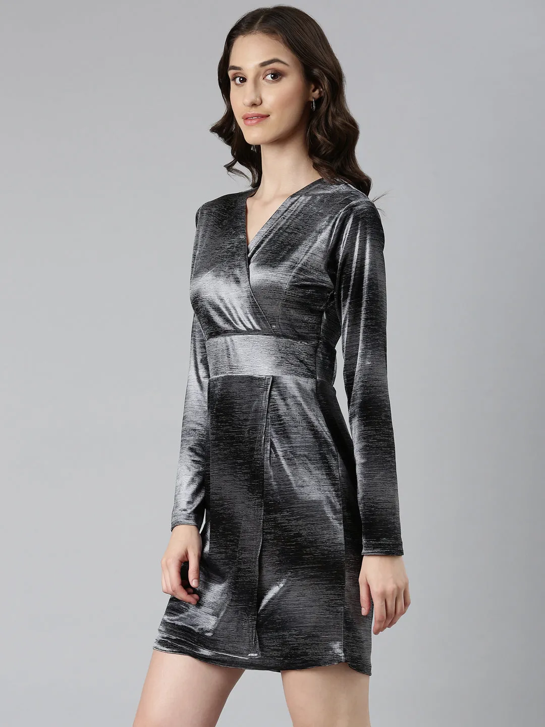 Women Grey Printed Wrap Dress