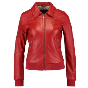 WOMEN RED BOMBER MOTORCYCLE LAMBSKIN SLIM FIT JACKET