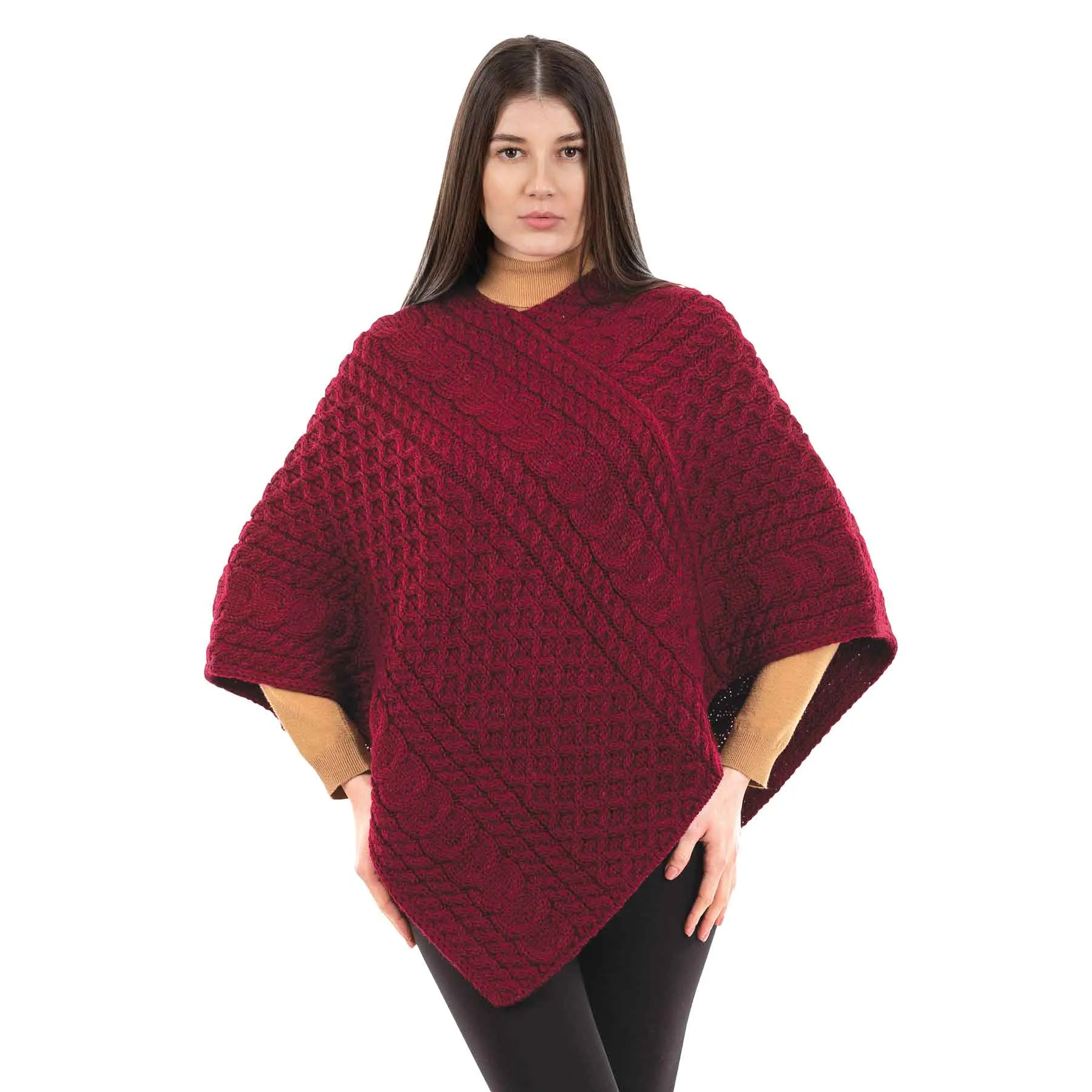 Women's Cable Knit Poncho, Wine