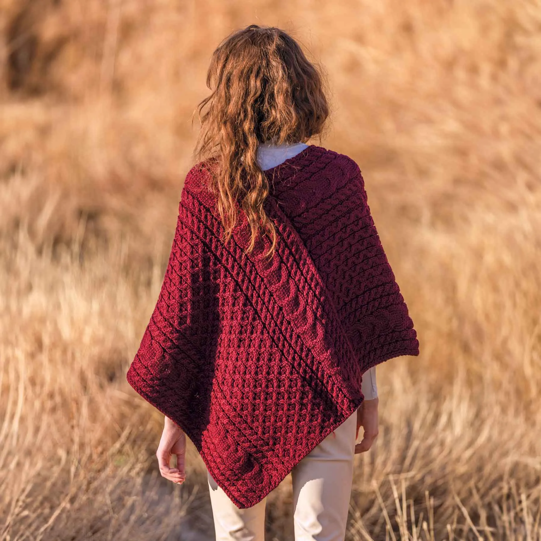 Women's Cable Knit Poncho, Wine