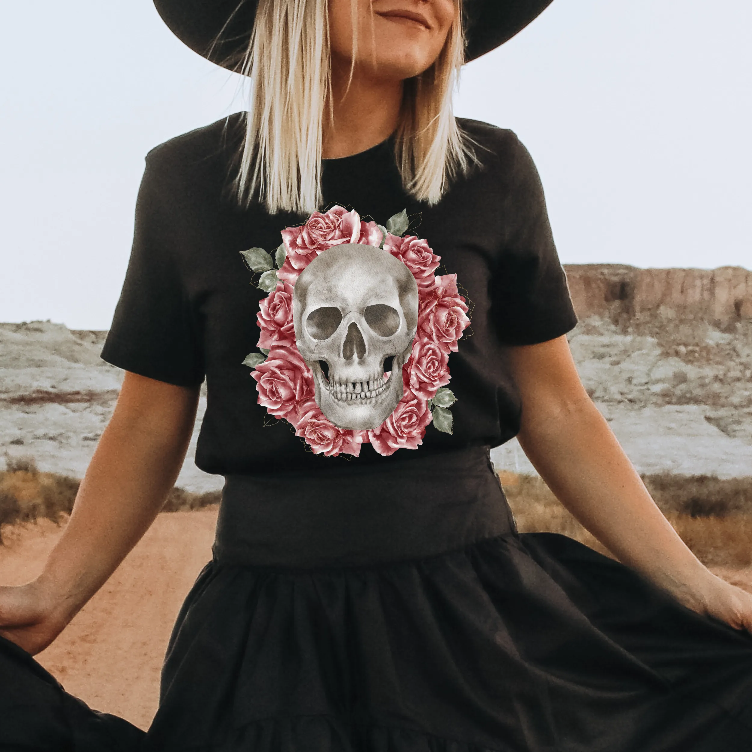 Women's Valentine's Day Gothic Skull and Roses Black or White T-Shirt Goth Dark Heart Design on a Soft Bella Canvas® T-Shirt