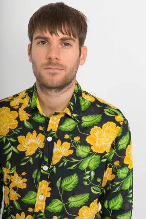 Yellow Black Flowers Print Lightweight Cotton Slim Fit Mens Shirt Long Sleeve