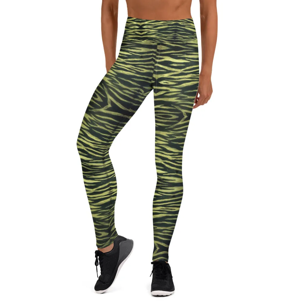 Yellow Tiger Striped Yoga Leggings, Black Tiger Striped Animal Print Women's Long Gym Tights