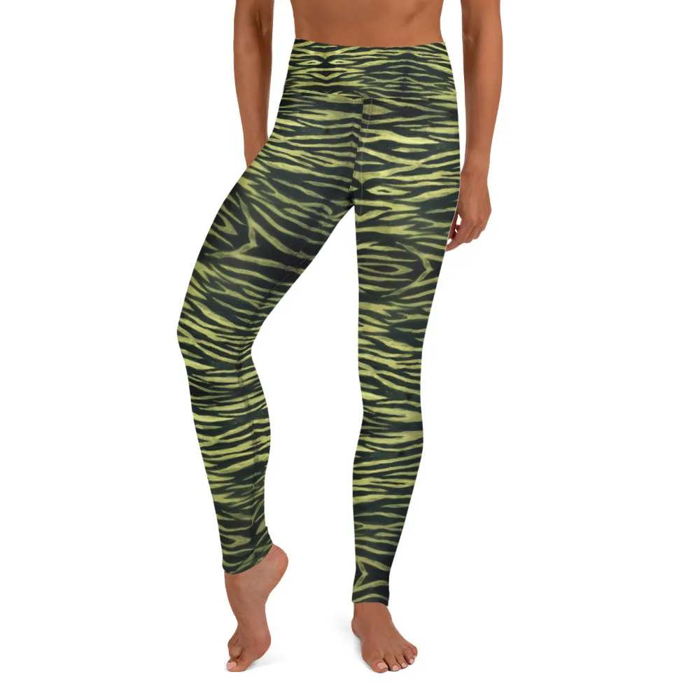 Yellow Tiger Striped Yoga Leggings, Black Tiger Striped Animal Print Women's Long Gym Tights