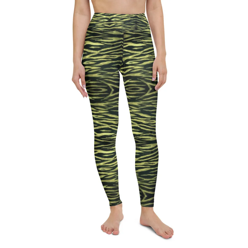 Yellow Tiger Striped Yoga Leggings, Black Tiger Striped Animal Print Women's Long Gym Tights