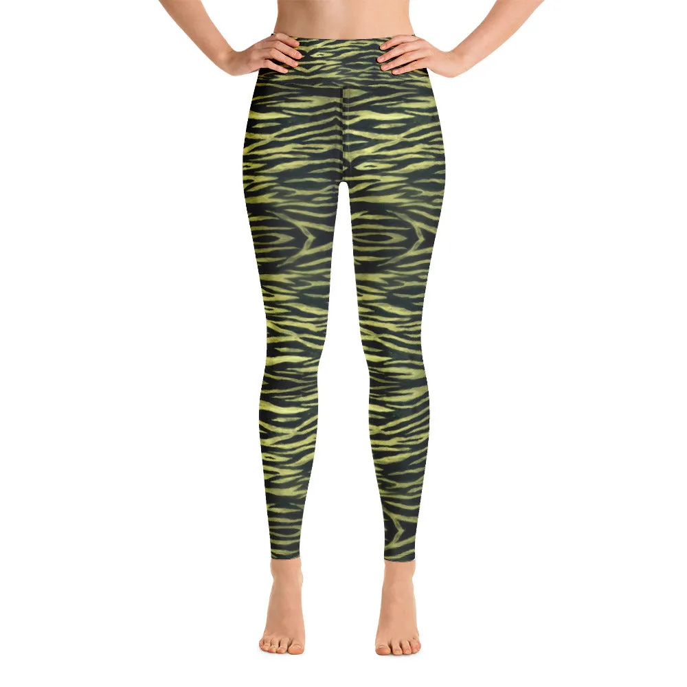 Yellow Tiger Striped Yoga Leggings, Black Tiger Striped Animal Print Women's Long Gym Tights