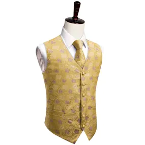 YourTies Yellow Waistcoat Thistle Purple Jacquard Floral V-Neck Vest Tie Set